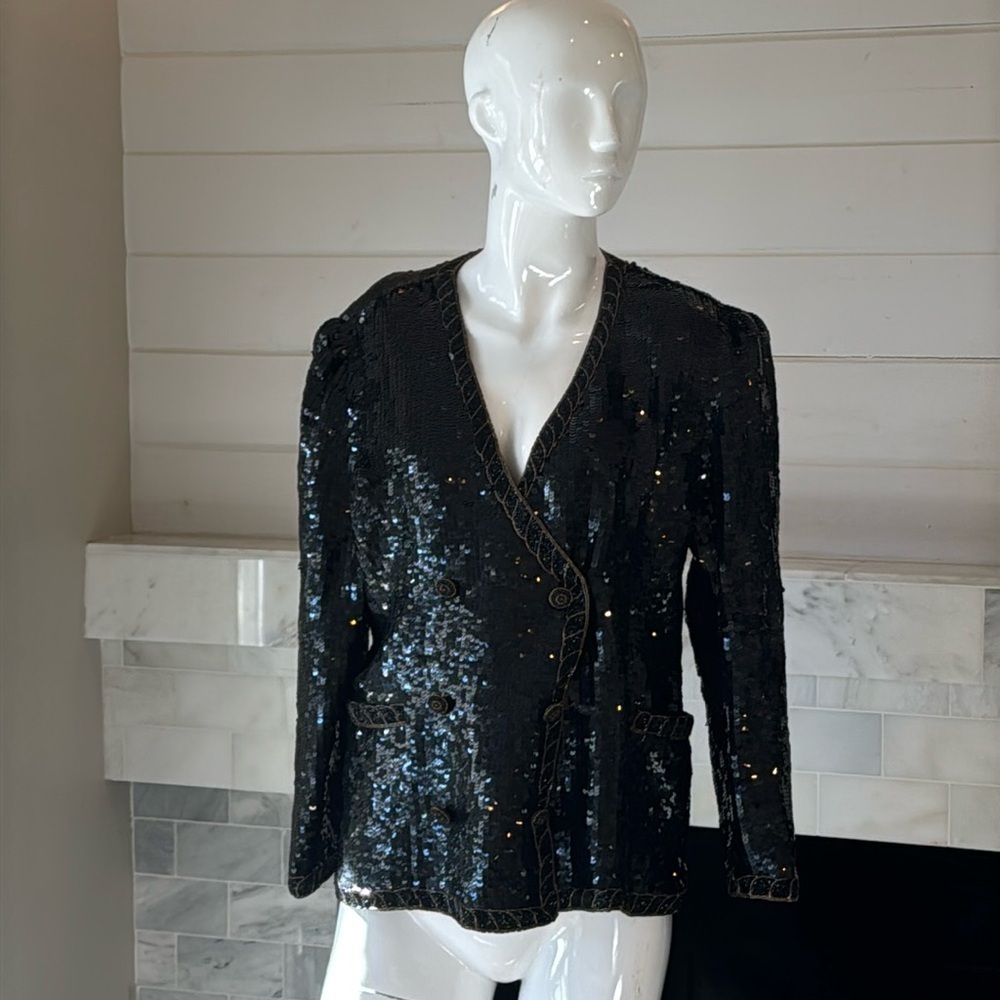 Vintage Crystal Evening Wear Double Breasted Black Sequin & Beaded Blazer Size S